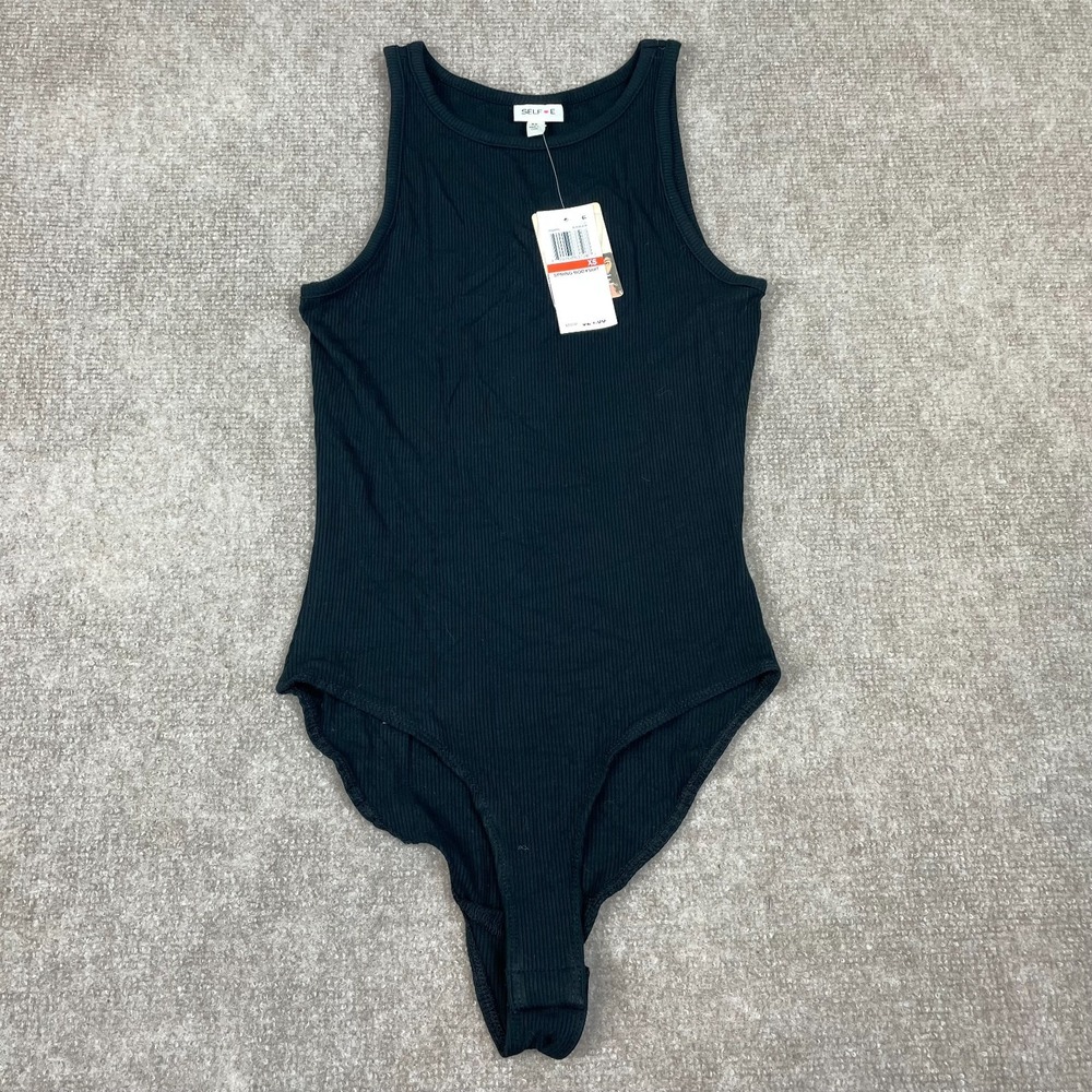 SELF E Spring Bodysuit Womens XS Black Ribbed Knit Sleeveless Round Neck NWT